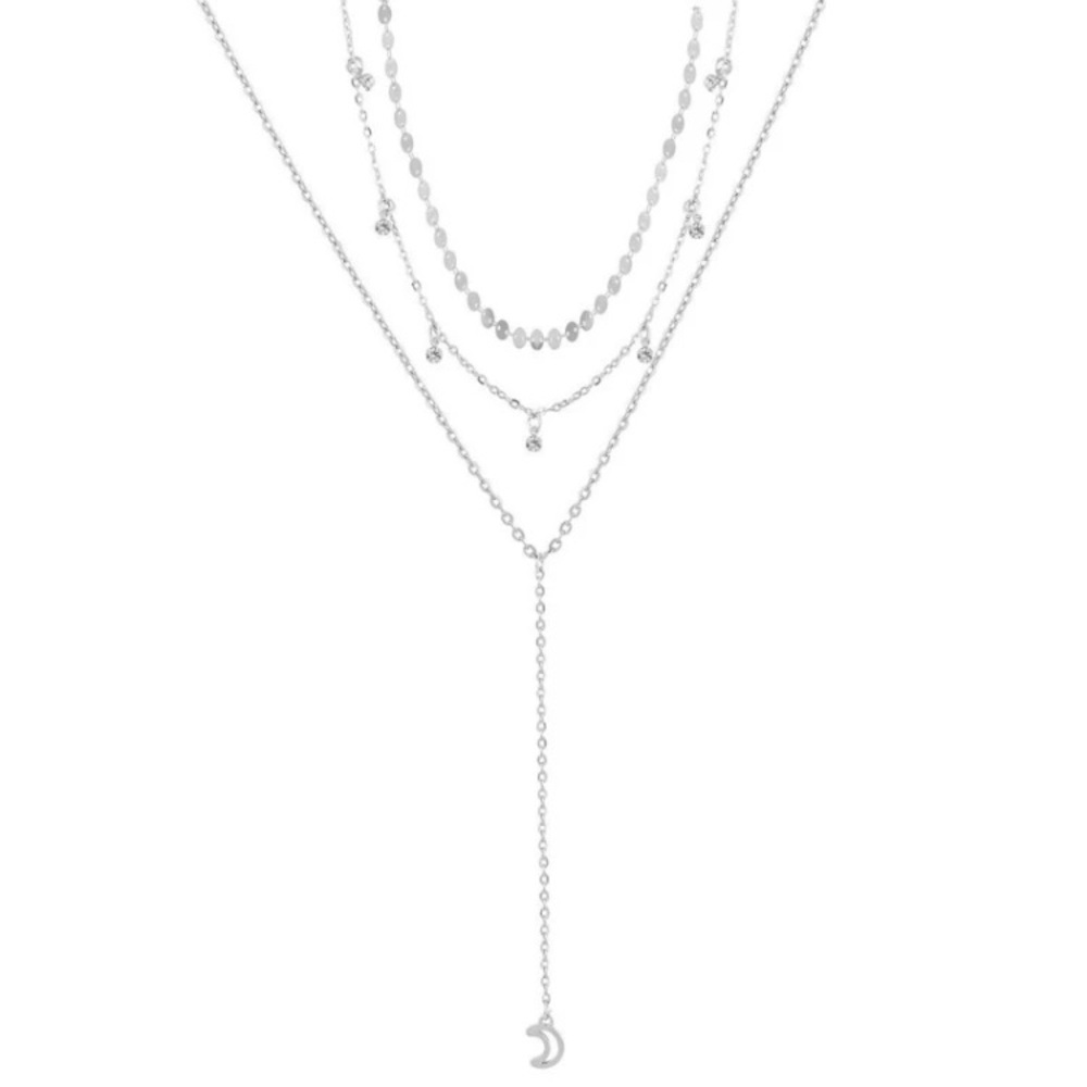 Silver Moon Crystal Drop Boho Layered Necklace - Picture 3 of 3